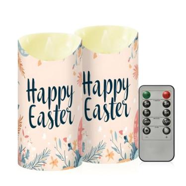 Imagem de Wassud Pacote com 2 velas sem chama Happy Easter com controle remoto, velas realistas cintilantes com temporizador, velas decorativas para Natal, casamento, festa, decoração de casa média