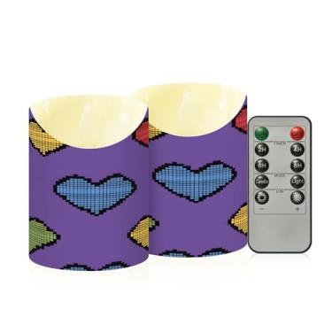 Imagem de Wassud Pacote com 2 velas sem chama de corações pixelados com controle remoto, velas realistas cintilantes com temporizador, velas decorativas para Natal, casamento, festa, decoração de casa pequena