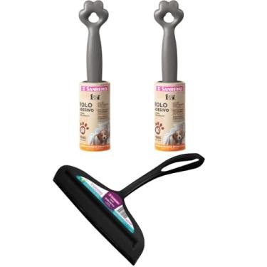 Imagem de Conjunto de 1 Rodo Plástico Multiuso Preto com Raspador 18cm + 2 Rolo Adesivo Tira Pelos Pet 60 Folhas