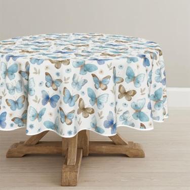 Imagem de Horaldaily Toalha de mesa redonda de 177 x 178 cm, aquarela azul, roxa, cinza, borboletas, flores, lavável, capa de mesa sazonal para decoração de festa, piquenique, jantar