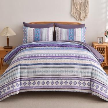 Imagem de Mybedsoul Conjunto de edredom estilo asteca roxo, 7 peças, cama boho, tamanho queen, em uma bolsa, conjunto de cama para todas as estações com lençóis e fronhas, estampa geométrica listrada