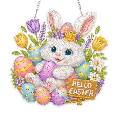 Imagem de Eiflow Kit de pendurar arte de diamante de Páscoa para adultos, kit de pintura de diamantes faça você mesmo, enfeite especial de pingente de pintura de diamante de cristal (Hello Easter)