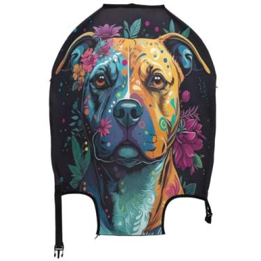 Imagem de Joisal Capa de mala, protetor de bagagem, estética, presentes de viagem, manga de bagagem, colorido, pitbull, flores, preto, Flores coloridas para cães Pitbull pretas, L, Fits 26-28 Inch Case, Capa de