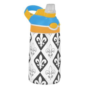 Imagem de Garrafa de água infantil Tritan de 473 ml com tampa de palha, garrafa de água esportiva portátil para escola, à prova de vazamento, copo infantil de 473 ml, alça de transporte, flor de lis preta e