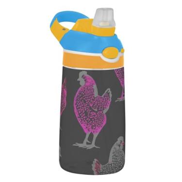 Imagem de Garrafa de água esportiva infantil de 473 ml com tampa de palha, garrafa de água portátil para escola, reutilizável, 473 ml, copo de viagem infantil Tritan, alça de transporte, frango fofo preto