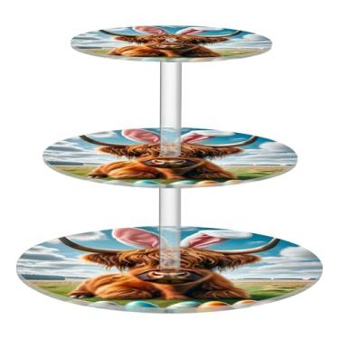 Imagem de Suporte de cupcake de vaca Highland fofo de Páscoa, 3 camadas, torre de cupcake, exibição de acrílico, suportes de sobremesa personalizados, bandejas de servir para festa, comida, aniversário