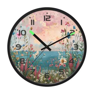 Imagem de SEHANY Herb Wildflower Relógio de parede silencioso sem tique-taque relógio redondo operado por bateria 30 cm controle de som luz noturna relógios de parede para sala de estar, cozinha, quarto