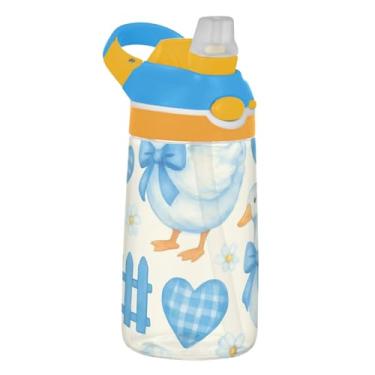 Imagem de Garrafa de água esportiva infantil de 473 ml com tampa de palha, garrafa de água Tritan de 473 ml à prova de vazamento, copo infantil reutilizável portátil, alça de transporte, laços de fita azul de
