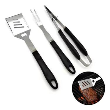 Imagem de Kit Churrasco 3 Peças BBQ Premium Espátula Pegador Garfão Inox 40cm FR