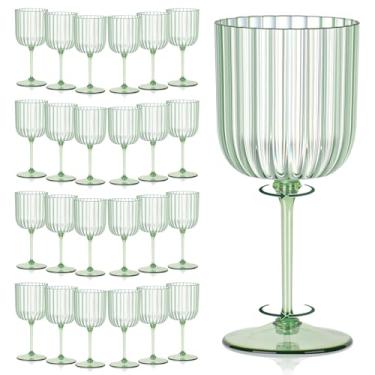 Imagem de 24 peças de taças de vinho com nervuras de plástico 325 ml Taça de vinho removível verde inquebrável vintage ondulado copos de água para coquetéis, festas, casamentos, piscina, ao ar livre