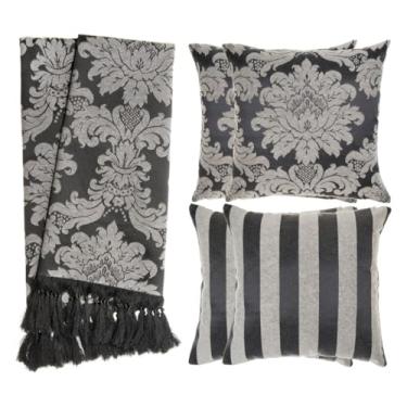 Imagem de Kit Manta para Sofá Jacquard 1.8x1.4m + 4 Capas de Almofada 45x45cm - Conjunto Protetor e Decorativo com Franjas Artesanais(Preto e Cru 100)