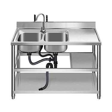 Imagem de Pia dupla de aço inoxidável independente, pia de catering de cozinha comercial, lavatório utilitário de 2 compartimentos com bancada de trabalho e prateleiras de armazenamento (120 cm/47,2 pol