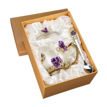 Imagem de B Baosity Copo de chá esmaltado de vidro caneca de café presente exclusivo com colher com tampa copo de beber para suas amigas mulheres dia dos namorados mulheres homens, violeta, 12 cm x 8,6 cm