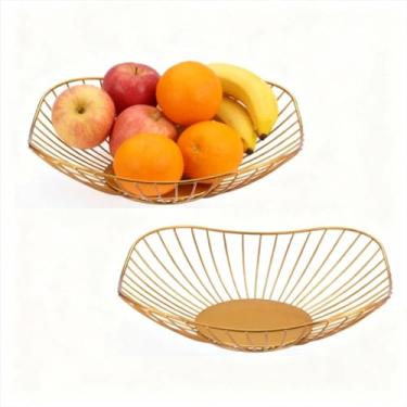 Imagem de Ntwoiee 2 peças de cesta de arame dourado, moderno, criativo, elegante, com borda curva curta, fio de ferro, frutas, legumes, pão, suporte decorativo, tigelas de servir, suporte de cesta