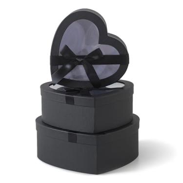 Imagem de Soul & Lane Caixas de presente em forma de coração preto com tampas transparentes e laços decorativos: conjunto de 3 caixas de coração de papelão para flores, chocolates, caixa grande para arranjos de