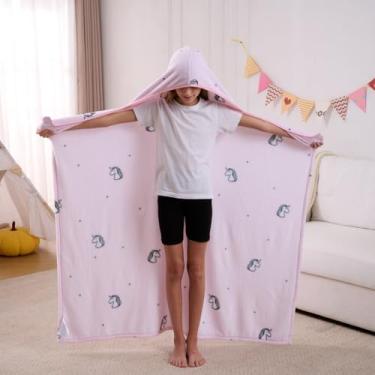 Imagem de Cobertor infantil com capuz de unicórnio com alças — lã de flanela estampada macia e aconchegante, 113 cm × 127 cm para descansar, noites de cinema, festas do pijama e brincadeiras