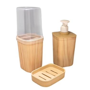 Imagem de Kit para Pia Banheiro Porta Sabonete e Porta Escova de Dente Preto ou Madeira Diversos Modelos, Ideal for Daily Hygiene Organization(Madeira (plástico))