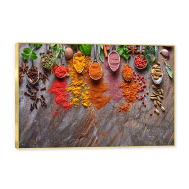 Imagem de NHLDZYH Moldura dourada. Arte de parede em tela de especiarias coloridas e colher de tempero | Decoração de cozinha vintage | Arte moderna para casa e sala de jantar. C90. 50 x 75 cm - 19,7 x 29,6 pol