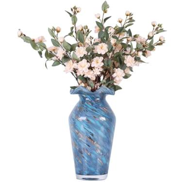 Imagem de Vaso de vidro grande soprado à mão azul de 38 cm - babado losango de cintura alta | Vasos para decoração de casa, peça central de vidro soprado para mesa de jantar, vaso de flores de vidro decorativo
