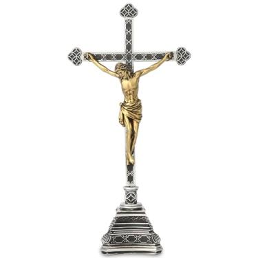 Imagem de Grace4Joy Crucifixo em pé - Crucifixo de mesa com suporte, decoração de altar católico, cruz de Jesus pintada à mão com base estátua sagrada, presentes religiosos, 20 cm de altura