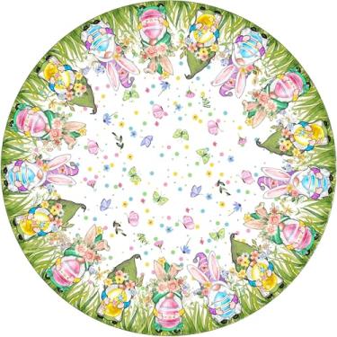 Imagem de XCHI Toalha de mesa redonda de gnomos, orelhas de coelho, ovos, grama, flores, Páscoa, toalha de mesa, lavável, para decoração de festa em casa, sala de jantar, 177 x 177 cm