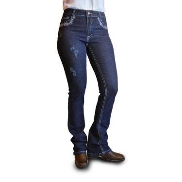 Imagem de Calça Flare Jeans Country Feminina Cintura Alta Bordada Azul - Sara, A