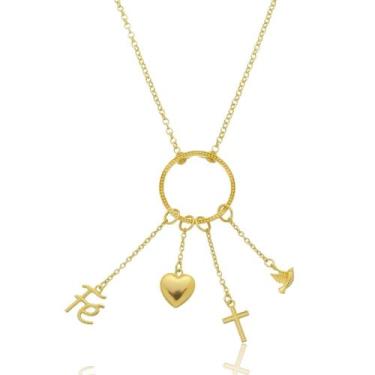 Imagem de Colar Patuá Fé Coração Cruz Divino - Banhado a Ouro 18K - Di Roma