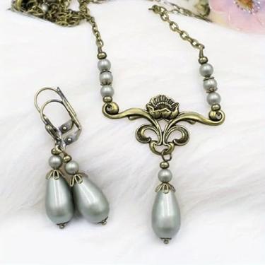 Imagem de Conjunto de 3 peças de brincos e colares femininos de liga de pérola verde sálvia retrô para roupas e acessórios de festa todos os dias