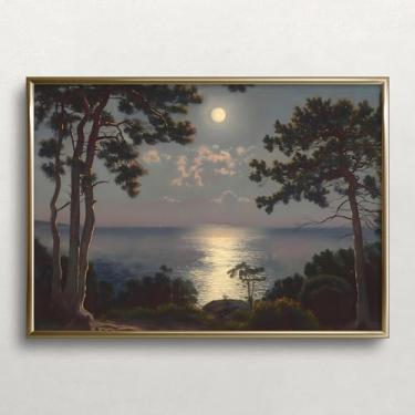 Imagem de Tela de paisagem da lua imagens da natureza vintage pintura de floresta noturna pôster lua oceano paisagem escura arte de parede vintage arte costeira árvore gótica arte de parede céu noturno