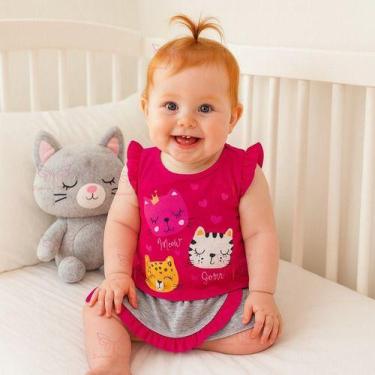 Imagem de Conjunto Fofura Short Saia + Blusa Gatinha para Bebê Menina Tam RN a 0