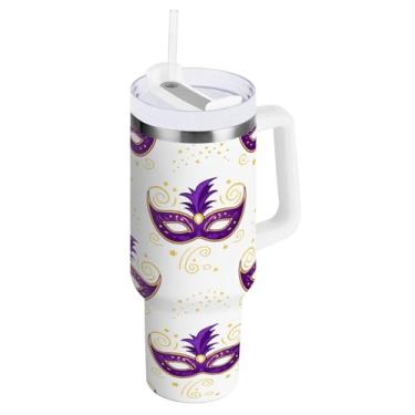 Imagem de Blueangle Copo isolado de máscara de carnaval de 1,134 g com alça e tampa de palha, caneca de viagem reutilizável de aço inoxidável (722)