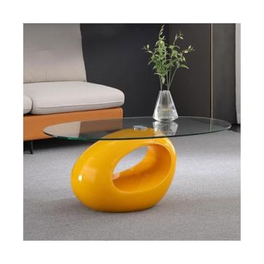Imagem de Mesa de centro oval moderna, mesa de sala de estar com prateleira de armazenamento, mesa de centro moderna de vidro temperado de 83 cm, mesa central de sofá, fácil montagem, simples (amarelo)