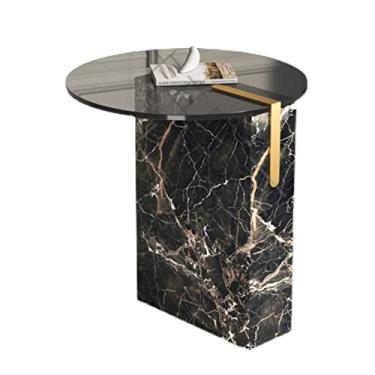 Imagem de Mesa de canto moderna de mármore sintético, mesa lateral redonda com bancada de vidro temperado e base de mármore, mesa de cabeceira de sofá para sala de estar ou quarto, mesa de destaque moderna