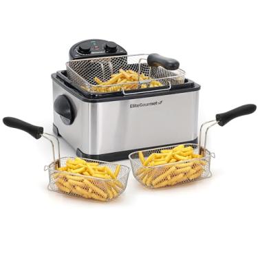 Imagem de Elite Gourmet EDF-401TXB Fritadeira elétrica 4,5 Qt. Congelador para 17 xícaras, 3 cestas 1700 W Controle de temporizador de temperatura ajustável Tampa com janela de exibição e