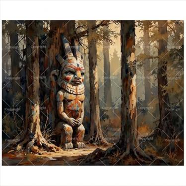 Imagem de Kit de pintura por números de pontos de referência da Nova Zelândia para adultos - Escultura de totem maori DIY em pintura de floresta em tela 40,6 x 50,8 cm, conjunto de tinta acrílica, adequado para