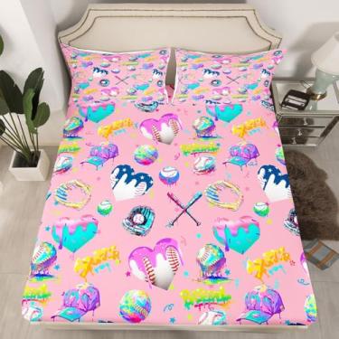 Imagem de Jogo de lençol infantil de beisebol sorvete com 1 fronha, 2 peças, roupa de cama de sobremesa de microfibra esportiva de beisebol, rosa claro, azul claro, lavável à máquina, bolso profundo de 41 cm