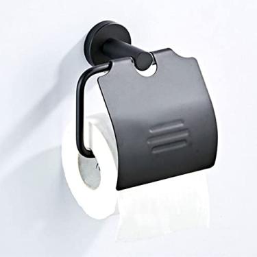 Imagem de Conjunto de acessórios de banheiro preto suporte de escova de vaso sanitário rolo de papel toalha trilho de prateleira de vidro fosco saboneteira gancho de parede rack de secador de cabelo, gancho de