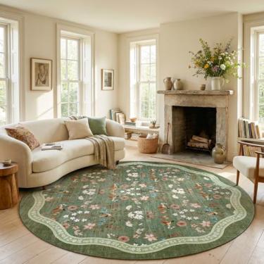 Imagem de jinchan Tapete circular de 2,3 m, floral, lavável, antiderrapante, interior, flor, grande, tapete redondo de pilha baixa, tapete macio para sala de estar, quarto, sala de jantar, verde sálvia