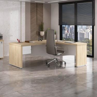 Imagem de Escrivaninha Mesa Escritório em L Diretor em Tamburato com 2 Gavetas com Chave Carvalho/Branco