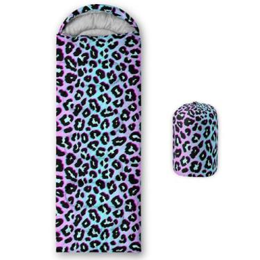 Imagem de AILONEN Sacos de dormir para acampamento com estampa de leopardo neon, leve, impermeável, clima quente e frio, sacos de dormir azuis e roxos, viagens, ar livre