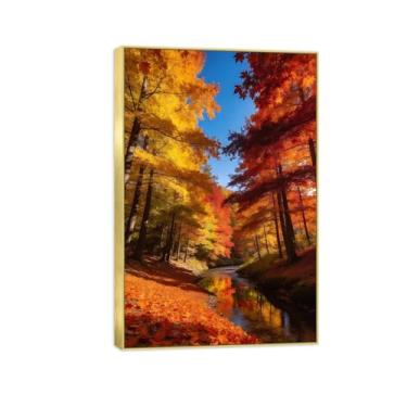 Imagem de Impressão em tela de paisagem pronta para pendurar - outono floresta rio - pintura de arte de parede - decoração de casa moderna imagem moldura dourada 20 x 30 cm 8 x 12 pol