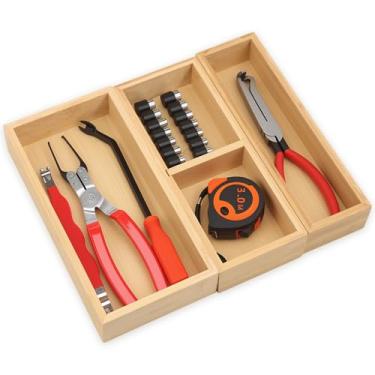 Imagem de Caixa organizadora de gaveta de bambu de 4,8 cm de altura, kit de caixa de armazenamento de mesa com 3 compartimentos reorganizáveis, recipientes de armazenamento de gaveta para cozinha, banheiro
