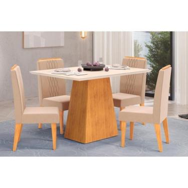 Imagem de Cozinha Completa Dulce Tampo Madeirado Com Vidro Reto 120x90cm E 4 Cadeiras Lia Cedro Off White Suede Kraft