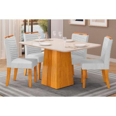 Imagem de Cozinha Completa Italia Tampo Madeirado Com Vidro 120x90cm E 4 Cadeiras Julia Cedro Off White Linho Neve