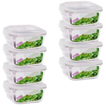 Imagem de Kit 8 Potes Tampa Hermetica Quadrado de Vidro 320ml Alimento - DONA LA
