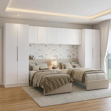 Imagem de Quarto Infantil com 2 Guarda-Roupas Neo 3 Aéreos 1 Mesa de Cabeceira Branco Madesa