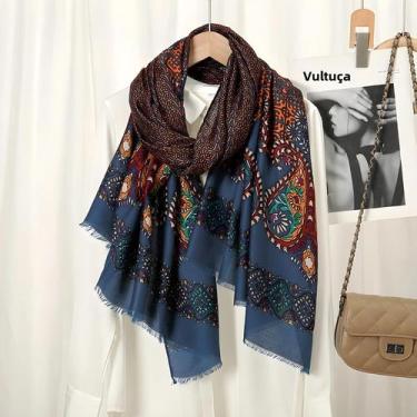 Imagem de Xale De Inverno Com Estampa Azteca Floral E Franjas, Pashmina 180x90cm