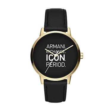 Imagem de Armani Exchange Relógio masculino de aço inoxidável com três ponteiros, Ouro e couro preto, Relógio de quartzo