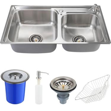 Imagem de Cuba Para Cozinha Pia Dupla Gourmet Inox Potiguara Com Lixeira E Acessórios Pingoo.casa