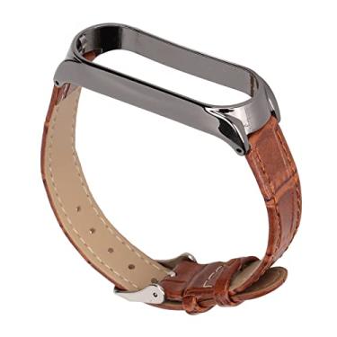 Imagem de Entatial Pulseira de relógio de pulso de couro, pulseiras de relógio de couro de liberação rápida Design compatível com a pele para Mi Band 6 (marrom e preto)